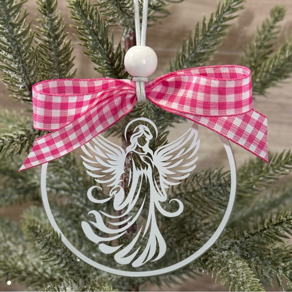 Handcrafted Angel Ornament - Guardian Angel Rear View Mirror Charm with Pink Bow